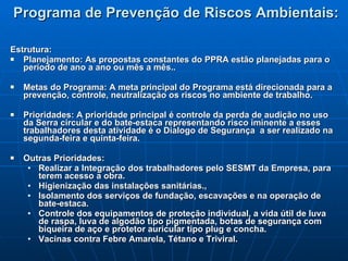 Programa de Prevenção de Riscos Ambientais: Estrutura: Planejamento: As propostas constantes do PPRA estão planejadas para o período de ano a ano ou mês a mês..  Metas do Programa: A meta principal do Programa está direcionada para a prevenção, controle, neutralização os riscos no ambiente de trabalho. Prioridades: A prioridade principal é controle da perda de audição no uso da Serra circular e do bate-estaca representando risco iminente a esses trabalhadores desta atividade é o Dialogo de Segurança  a ser realizado na segunda-feira e quinta-feira.  Outras Prioridades: Realizar a Integração dos trabalhadores pelo SESMT da Empresa, para terem acesso a obra. Higienização das instalações sanitárias., Isolamento dos serviços de fundação, escavações e na operação de bate-estaca. Controle dos equipamentos de proteção individual, a vida útil de luva de raspa, luva de algodão tipo pigmentada, botas de segurança com biqueira de aço e protetor auricular tipo plug e concha. Vacinas contra Febre Amarela, Tétano e Triviral. 