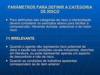 PARÂMETROS PARA DEFINIR A CATEGORIA DE RISCO Para definições das categorias de risco a interpretação deverá considerar os exemplos abaixo para facilitar a compreensão. Havendo dúvidas, selecionar a de maior risco. (1)  IRRELEVANTE  Quando o agente não representa risco potencial de dano a saúde nas condições usuais industriais, descritas em literatura, ou pode representar apenas um aspecto de desconforto e não de risco. Quando as condições de trabalhos aparentes correspondem às do item anterior.  