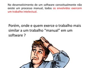 No
desenvolvimento
de
um
software
conceitualmente não existe um processo manual,
todos os envolvidos exercem um trabalho
intelectual.

 