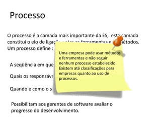 Processo
O processo é a camada mais importante da ES, esta camada
constitui o elo de ligação entre as ferramentas e os métodos.
Um processo define :
A seqüência em que os métodos serão aplicados.
Quais os responsáveis por cada tarefa.
Quando e como o software será entregue.
Possibilitam aos gerentes de software avaliar o
progresso do desenvolvimento.

 