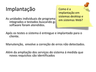 Implantação

Como é a
implantação em
sistemas desktop e
As unidades individuais de programa e ou programas, são
em sistemas Web?
integrados e testados buscando garantir os requisitos de
software foram atendidos.

Após os testes o sistema é entregue e implantado para o
cliente.
Manutenção, envolve a correção de erros não detectados.
Além da ampliação dos serviços do sistema á medida que
novos requisitos são identificados

 