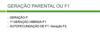 GERAÇÃO PARENTAL OU F1
 GERAÇÃO P
 1ª GERAÇÃO HIBRIDA-F1
 AUTOFECUNDAÇÃO DE F1: Geração F2.
 