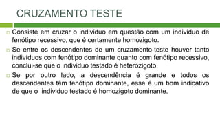 CRUZAMENTO TESTE
 Consiste em cruzar o individuo em questão com um individuo de
fenótipo recessivo, que é certamente homozigoto.
 Se entre os descendentes de um cruzamento-teste houver tanto
indivíduos com fenótipo dominante quanto com fenótipo recessivo,
conclui-se que o individuo testado é heterozigoto.
 Se por outro lado, a descendência é grande e todos os
descendentes têm fenótipo dominante, esse é um bom indicativo
de que o individuo testado é homozigoto dominante.
 