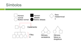 Símbolos
Homem
normal
Mulher normal
Homem
afetado
Mulher afetada
Casamento
Filho
s
Sexo
indeterminad
o
Gêmeos
verdadeiros
Gêmeos
falsos ou
dizigóticos
 