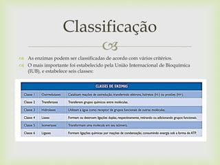
 As enzimas podem ser classificadas de acordo com vários critérios.
 O mais importante foi estabelecido pela União Internacional de Bioquímica
(IUB), e estabelece seis classes:
Classificação
 