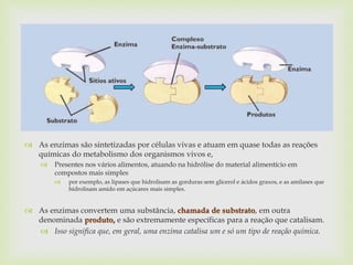 
 As enzimas são sintetizadas por células vivas e atuam em quase todas as reações
químicas do metabolismo dos organismos vivos e,
 Presentes nos vários alimentos, atuando na hidrólise do material alimentício em
compostos mais simples
 por exemplo, as lipases que hidrolisam as gorduras sem glicerol e ácidos graxos, e as amilases que
hidrolisam amido em açúcares mais simples.
 As enzimas convertem uma substância, chamada de substrato, em outra
denominada produto, e são extremamente específicas para a reação que catalisam.
 Isso significa que, em geral, uma enzima catalisa um e só um tipo de reação química.
 