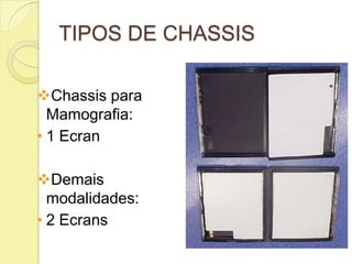 TIPOS DE CHASSIS
Chassis para
Mamografia:
• 1 Ecran
Demais
modalidades:
• 2 Ecrans
 