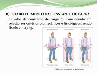 B) ESTABELECIMENTO DA CONSTANTE DE CARGA
O valor da constante de carga foi considerado em
relação aos critérios biomecânicos e fisiológicos, sendo
fixado em 23 kg.
Diferentes planos do corpo humano
 