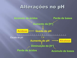  A escala de pH varia de 1 até 14.pH x homeostasia	Homeostasia  é a constância do meio interno   equilíbrio entre a entrada ou produção de íons hidrogênio e a livre remoção desses íons do organismo.  o organismo dispõe de mecanismos para manter a [H+] e, conseqüentemente o pH sangüineo, dentro da normalidade, ou seja manter a homeostasia .pH do Sangue ArterialpH normalAcidoseAlcalose7,87,47,0Faixa de sobrevida