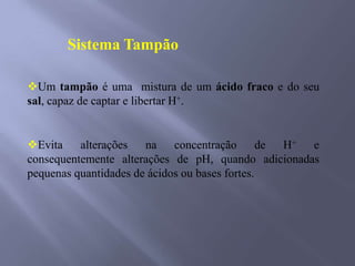 Os Sistemas Tampões	Tampão » qualquer substância que pode, reversivelmente, se ligar aos íons hidrogênio.	 » Soluções formadas por um ácido fraco e sua base conjugada ou por um hidróxido fraco e seu ácido conjugadoTampão + H+   H+TampãoTampãoH+  + OH-   H2O+ Tampão