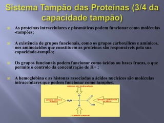 Eficiência de um tampãoQuanto maior o número de moles que é necessário adicionar a um meio contendo um sistema tampão, de modo a alterar significativamente a concentração de H+, mais eficiente é o tampão.Pela equação de Handerson-Hasselbalch, pH = pKa + log ([A-]/[HA]) O pH depende das concentrações do ácido (HA) e da base (A-).