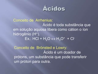 80mM de íons hidrogênio são ingeridos ou produzidos pelo metabolismo por dia.ÁcidosConceito de  Arrhenius:			Ácido é toda substância que em solução aquosa libera como cátion o íon hidrogênio (H+).                   Ex.: HCl + H2O  H3O+  + Cl-Conceito de  Brönsted e Lowry:			Ácido é um doador de prótons, um substância que pode transferir um próton para outra.                                                                                                                        