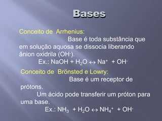Bases
Conceito de Arrhenius:
Base é toda substância que
em solução aquosa se dissocia liberando
ânion oxidrila (OH-).
Ex.: NaOH + H2O Na+ + OH-
Conceito de Brönsted e Lowry:
Base é um receptor de
prótons.
Um ácido pode transferir um próton para
uma base.
Ex.: NH3 + H2O NH4
+ + OH-
 