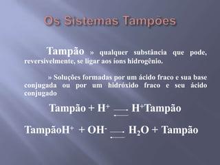 Tampão » qualquer substância que pode,
reversivelmente, se ligar aos íons hidrogênio.
» Soluções formadas por um ácido fraco e sua base
conjugada ou por um hidróxido fraco e seu ácido
conjugado
Tampão + H+
TampãoH+ + OH-
H+Tampão
H2O + Tampão
 