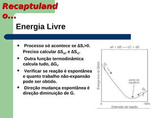 Recaptuland
o...
    Energia Livre

      Processo só acontece se ∆ST>0.
       Preciso calcular ∆SSIST e ∆SVIZ.
      Outra função termodinâmica
       calcula tudo, ∆GR.
      Verificar se reação é espontânea
       e quanto trabalho não-expansão
       pode ser obtido.
      Direção mudança espontânea é
       direção diminuição de G.
 