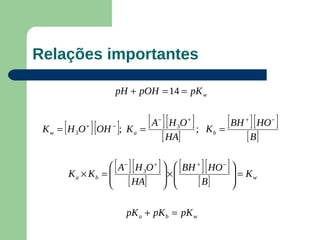 Relações importantes

                       pH + pOH = 14 = pK w


      [
 K w = H 3O   +
                  ][OH ]; K
                      −
                                  =
                                    [ A ][ H O ] ;
                                      −
                                              3
                                                  +
                                                          Kb   =
                                                                 [ BH ][ HO ]
                                                                       +       −

                              a
                                          [ HA]                        [ B]

          K a × Kb = 
                       [ ][
                      A − H 3O +      ]  ×  [ BH ][ HO ]  = K
                                          
                                                      +
                                                            
                                                               −

                         [ HA]                     [ B]                w
                                                                

                          pK a + pK b = pK w
 