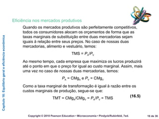 Capítulo16:Equilíbriogeraleeficiênciaeconômica
16 de 36Copyright © 2010 Pearson Education • Microeconomia • Pindyck/Rubinfeld, 7ed.
Eficiência nos mercados produtivos
Quando os mercados produtivos são perfeitamente competitivos,
todos os consumidores alocam os orçamentos de forma que as
taxas marginais de substituição entre duas mercadorias sejam
iguais à relação entre seus preços. No caso de nossas duas
mercadorias, alimento e vestuário, temos:
TMS = PA/PV
Ao mesmo tempo, cada empresa que maximiza os lucros produzirá
até o ponto em que o preço for igual ao custo marginal. Assim, mais
uma vez no caso de nossas duas mercadorias, temos:
PA = CMgA e PV = CMgV
Como a taxa marginal de transformação é igual à razão entre os
custos marginais de produção, segue-se que:
TMT = CMgA/CMgV = PA/PV = TMS
(16.5)
 