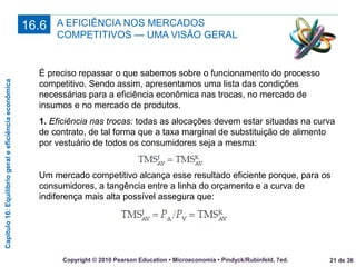 Capítulo16:Equilíbriogeraleeficiênciaeconômica
21 de 36Copyright © 2010 Pearson Education • Microeconomia • Pindyck/Rubinfeld, 7ed.
A EFICIÊNCIA NOS MERCADOS
COMPETITIVOS — UMA VISÃO GERAL
16.6
É preciso repassar o que sabemos sobre o funcionamento do processo
competitivo. Sendo assim, apresentamos uma lista das condições
necessárias para a eficiência econômica nas trocas, no mercado de
insumos e no mercado de produtos.
1. Eficiência nas trocas: todas as alocações devem estar situadas na curva
de contrato, de tal forma que a taxa marginal de substituição de alimento
por vestuário de todos os consumidores seja a mesma:
Um mercado competitivo alcança esse resultado eficiente porque, para os
consumidores, a tangência entre a linha do orçamento e a curva de
indiferença mais alta possível assegura que:
 