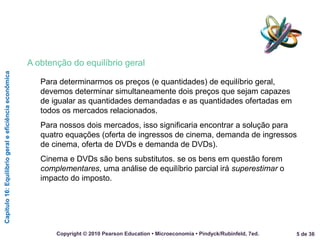 Capítulo16:Equilíbriogeraleeficiênciaeconômica
5 de 36Copyright © 2010 Pearson Education • Microeconomia • Pindyck/Rubinfeld, 7ed.
A obtenção do equilíbrio geral
Para determinarmos os preços (e quantidades) de equilíbrio geral,
devemos determinar simultaneamente dois preços que sejam capazes
de igualar as quantidades demandadas e as quantidades ofertadas em
todos os mercados relacionados.
Para nossos dois mercados, isso significaria encontrar a solução para
quatro equações (oferta de ingressos de cinema, demanda de ingressos
de cinema, oferta de DVDs e demanda de DVDs).
Cinema e DVDs são bens substitutos. se os bens em questão forem
complementares, uma análise de equilíbrio parcial irá superestimar o
impacto do imposto.
 