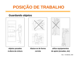 POSIÇÃO DE TRABALHO
Guardando objetos
objetos pesados
à altura da cintura
Abaixe-se de forma
correta
utilize equipamentos
de apoio (escadas, etc)
Etec – Hortolândia, 2008
 