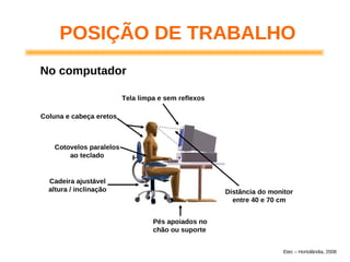 POSIÇÃO DE TRABALHO
No computador
Pés apoiados no
chão ou suporte
Cadeira ajustável
altura / inclinação
Cotovelos paralelos
ao teclado
Coluna e cabeça eretos
Tela limpa e sem reflexos
Distância do monitor
entre 40 e 70 cm
Etec – Hortolândia, 2008
 