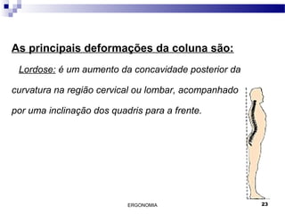 ERGONOMIA 23
As principais deformações da coluna são:
Lordose: é um aumento da concavidade posterior da
curvatura na região cervical ou lombar, acompanhado
por uma inclinação dos quadris para a frente.
 