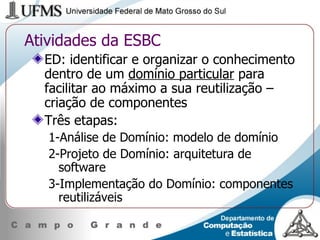 Atividades da ESBC ED: identificar e organizar o conhecimento dentro de um  domínio particular  para facilitar ao máximo a sua reutilização – criação de componentes Três etapas: 1-Análise de Domínio: modelo de domínio 2-Projeto de Domínio: arquitetura de software 3-Implementação do Domínio: componentes reutilizáveis 