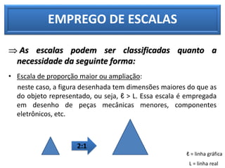EMPREGO DE ESCALAS
 As escalas podem ser classificadas quanto a
necessidade da seguinte forma:
• Escala de proporção maior ou ampliação:
neste caso, a figura desenhada tem dimensões maiores do que as
do objeto representado, ou seja, ℓ > L. Essa escala é empregada
em desenho de peças mecânicas menores, componentes
eletrônicos, etc.
2:1
ℓ = linha gráfica
L = linha real
 