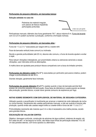 Perfurações de pequeno diâmetro, em bancadas baixas:
Solução adotada no caso de:
Pedreiras de material irregular,
com planos de fratura impedindo
perfurações profundas

Perfuratrizes manuais: diâmetro dos furos geralmente 7/8 ", altura máxima 6 m. Furos de levante
com 3,5 a 6 m podem aumentar a produção, conforme a formação rochosa.

Perfurações de pequeno diâmetro, em bancadas altas :
Furos de 1 ½ a 2 ½ " executados por wagon-drill ou crawler-drill.
Face da bancada vertical (mais comum) ou inclinada.
Devido a grande profundidade (até 20 m), desvios são comuns, e furos de levante ajudam a evitar
o repé.
Para reduzir vibrações indesejáveis, por proximidade urbana ou estruturas sensíveis a essas
vibrações, usar intervalos entre as detonações.
A malha deve ser ajustada para produzir blocos compatíveis com a boca do britador primário.

Perfurações de diâmetro médio (3 a 5 "): executadas por perfuratriz percussivo-rotativa, podem
chegar a profundidades de até 30 m.
Grande vibração, geralmente face inclinada.

Perfurações de grande diâmetro (5 a 9 "): usadas quando o topo da bancada permite fácil
acesso de conjuntos pesados de perfuração. Essa faixa de diâmetros é usada quando se deseja
alta produção, grandes blocos, e pode haver grande consumo de explosivos por fogo.

NOTAS SOBRE DESMONTE COM EXPLOSIVOS, DE MATERIAL DE SEGUNDA CATEGORIA:
Utilizado quando o escarificador é insuficiente par arrancar o material de corte (alteração de rocha
ou rocha branda). Geralmente são usadas perfuratrizes manuais, a não ser quando é preciso alta
produção, quando então são usadas wagon-drills ou crawler-drills e furos de até 1 ½ ou 2 ½ ".
Profundidades raramente são maiores que 3 m e não é necessária uma malha precisa, exceto
para grandes blocos.
ESCAVAÇÃO DE VALAS EM CORTES:
Objetivo: drenagem profunda, construção de adutoras de água potável, coletores de esgoto, etc.
Em valas de até 1 m de largura no fundo, são feitas duas linhas de perfuração distantes 15 a 30
cm das paredes laterais, com furos opostos ou alternados.

14

 