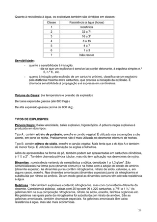 Quanto à resistência à água, os explosivos também são divididos em classes:
Classe

Resistência à água (horas)

1

Indefinida

2

32 a 71

3

16 a 31

4

8 a 15

5

4a7

6

1a3

7

Não resiste

Sensibilidade:
-

quanto a sensibilidade à iniciação:
- diz-se que um explosivo é sensível ao cordel detonante, à espoleta simples n.º
6, n.º 8 , etc.

-

quanto à indução pela explosão de um cartucho próximo, classifica-se um explosivo
pela distância máxima entre cartuchos, que provoca a iniciação da explosão. É
chamada sensibilidade à propagação e é expressa em centímetros.

Volume de Gases: (na temperatura e pressão da explosão):
De baixa expansão gasosa (até 800 l/kg) e
De alta expansão gasosa (acima de 800 l/kg)

TIPOS DE EXPLOSIVOS:
Pólvora Negra: Baixa velocidade, baixo explosivo, higroscópico. A pólvora negra explosiva é
produzida em dois tipos:
Tipo A : contém nitrato de potássio, enxofre e carvão vegetal. É utilizada nas escavações a céu
aberto, em corte de rocha. Praticamente não é mais utilizada no desmonte intensivo de rochas.
Tipo B: contém nitrato de sódio, enxofre e carvão vegetal. Mais lenta que a do tipo A e também
de menor força. É utilizada na detonação de argilas e folhelhos.
Além de apresentadas na forma de pó, também podem ser apresentadas em cartuchos cilíndricos,
φ 1 ¼ a 2" . Também chamada pólvora tubular, mas não tem aplicação nos desmontes de rocha.
Dinamites : consistência variando de semiplástica a sólida, densidade 1 a 1,3 g/cm3 .São
comercializadas na forma pura (dinamite comum) e na forma com a adição de nitrato de amônio
(dinamite especial). As dinamites puras contêm nitroglicerina, nitrato de sódio, celulose, e, em
alguns casos, enxofre. Nas dinamites amoniacais (dinamites especiais) parte da nitroglicerina é
substituída por nitrato de amônio. De um modo geral as dinamites comuns têm elevada resistência
à água.
Gelatinas : São também explosivos contendo nitroglicerina, mas com consistência diferente da
dinamite. Consistência plástica , caixas com 25 kg com 96 a 220 cartuchos, φ 7/8" a 1 ½." As
gelatinas têm na sua composição nitroglicerina, nitrato de sódio, enxofre, farinhas orgânicas etc.
Há gelatinas nas quais parte da nitroglicerina foi substituída por nitrato de amônio. São as
gelatinas amoniacais, também chamadas especiais. As gelatinas amoniacais têm baixa
resistência à água, mas são mais econômicas.
20

 