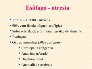 Esôfago - atresia
 1:1500 – 1:5000 nativivos
 90% com fístula tráqueo-esofágica
 Sufocação desde a primeira ingestão de alimento
 Evolução
 Outras anomalias (50% dos casos)
       Cardiopatia congênita
       Anus imperfurado
       Displasia renal
       Anomalias vertebrais
 