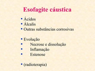 Esofagite cáustica
 Ácidos
 Álcalis
 Outras substâncias corrosivas

 Evolução
    Necrose e dissolução
    Inflamação
    Estenose

 (radioterapia)
 