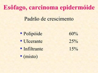 Esôfago, carcinoma epidermóide
       Padrão de crescimento

      Polipóide          60%
      Ulcerante          25%
      Infiltrante        15%
      (misto)
 