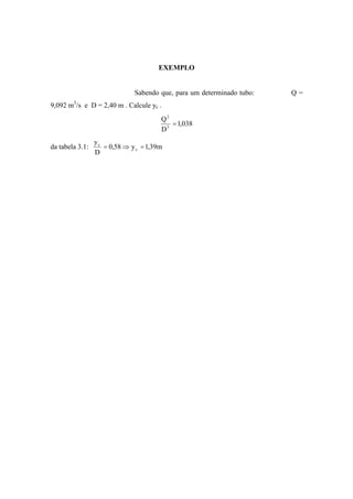 EXEMPLO
Sabendo que, para um determinado tubo: Q =
9,092 m3
/s e D = 2,40 m . Calcule yc .
038,1
D
Q
5
2
=
da tabela 3.1: m39,1y58,0
D
y
c
c
==
 