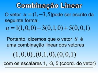 O vetor u = (1, −3,5)pode ser escrito da
seguinte forma:
u = 1(1, 0, 0) − 3(0,1, 0) + 5(0, 0,1)
 Portanto, dizemos que o vetor u é
 uma combinação linear dos vetores

    (1, 0, 0) , (0,1, 0), (0, 0,1)
com os escalares 1, -3, 5 (coord. do vetor)
 