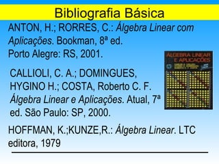 Bibliografia Básica
ANTON, H.; RORRES, C.: Álgebra Linear com
Aplicações. Bookman, 8ª ed.
Porto Alegre: RS, 2001.
CALLIOLI, C. A.; DOMINGUES,
HYGINO H.; COSTA, Roberto C. F.
Álgebra Linear e Aplicações. Atual, 7ª
ed. São Paulo: SP, 2000.
HOFFMAN, K.;KUNZE,R.: Álgebra Linear. LTC
editora, 1979
 