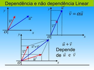 Dependência e não dependência Linear
                           y           u
y                                          r    r
                                           v = αu
                u
    v
                               v
o       y           x
                           o                        x
                                      r r
                    u +v
                                      u +v
            v                      Depende
                                       r   r
                                   de u e v
                     u
        o                          x
 
