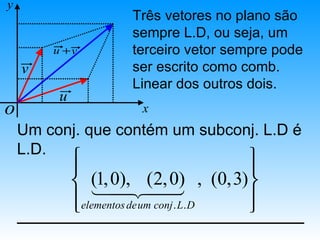 y
                      Três vetores no plano são
                      sempre L.D, ou seja, um
        u +v          terceiro vetor sempre pode
    v                 ser escrito como comb.
                      Linear dos outros dois.
         u
o                       x
    Um conj. que contém um subconj. L.D é
    L.D.
             
                                        
                                         
              (1, 0),244 , (0,3) 
                 14  4
                           (2, 0)
                               3
             elementos deum conj . L. D
                                        
                                         
 
