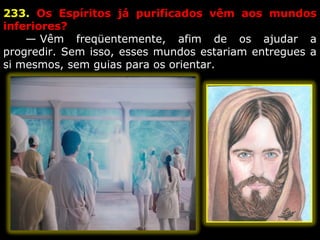 233. Os Espíritos já purificados vêm aos mundos
inferiores?
      — Vêm  freqüentemente,  afim  de  os  ajudar  a 
progredir. Sem isso, esses mundos estariam entregues a 
si mesmos, sem guias para os orientar.
 