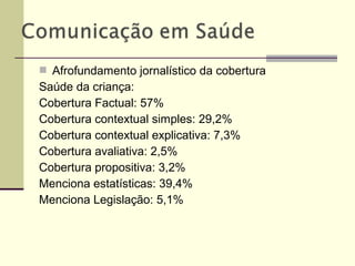  Afrofundamento jornalístico da cobertura
Saúde da criança:
Cobertura Factual: 57%
Cobertura contextual simples: 29,2%
Cobertura contextual explicativa: 7,3%
Cobertura avaliativa: 2,5%
Cobertura propositiva: 3,2%
Menciona estatísticas: 39,4%
Menciona Legislação: 5,1%
 