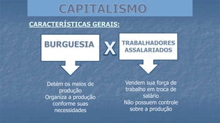 CARACTERÍSTICAS GERAIS:
Detém os meios de
produção
Organiza a produção
conforme suas
necessidades
Vendem sua força de
trabalho em troca de
salário
Não possuem controle
sobre a produção
 