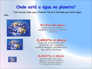 Onde está a água no planeta?
Todo mundo sabe que o Planeta Terra é formado por muita água,
mas...
 
