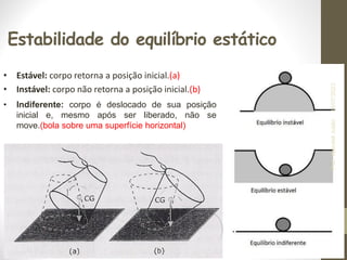 Estabilidade do equilíbrio estático
• Estável: corpo retorna a posição inicial.(a)
• Instável: corpo não retorna a posição inicial.(b)
• Indiferente: corpo é deslocado de sua posição
inicial e, mesmo após ser liberado, não se
move.(bola sobre uma superfície horizontal)
19/07/2023
Prof.
Wendell
Julião
 
