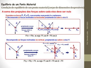 A soma das projeções das forças sobre cada eixo deve ser nula
F1x = F2x, ou seja: F1.cos θ = F2.cos β
Equilíbrio de um Ponto Material
Condiçãodeequilíbriodeumpontomaterial(corpodedimensõesdesprezíveis)
Decompondo as forças inclinadas na vertical, projetando-as sobre o eixo Y:
F1y + F2y = F3, ou seja: F1.sen θ + F2.sen β = F3
19/07/2023
Prof.
Wendell
Julião
 