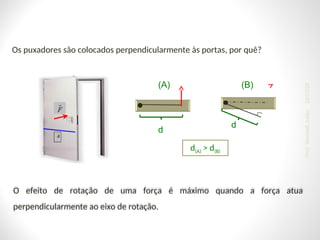 O efeito de rotação de uma força é máximo quando a força atua
perpendicularmente ao eixo de rotação.
Os puxadores são colocados perpendicularmente às portas, por quê?
d(A) > d(B)
d
(A)
d
(B)
24/03/25
Prof.
Wendell
Julião
 