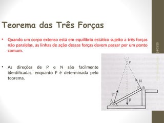 Teorema das Três Forças
• Quando um corpo extenso está em equilíbrio estático sujeito a três forças
não paralelas, as linhas de ação dessas forças devem passar por um ponto
comum.
• As direções de P e N são facilmente
identificadas, enquanto F é determinada pelo
teorema.
24/03/25
Prof.
Wendell
Julião
 