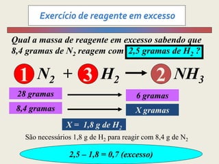 28 gramas 6 gramas
8,4 gramas X gramas
X = 1,8 g de H2
2,5 – 1,8 = 0,7 (excesso)
Qual a massa de reagente em excesso sabendo que
8,4 gramas de N2 reagem com 2,5 gramas de H2 ?
N2 + H2 NH3
1 3 2
São necessários 1,8 g de H2 para reagir com 8,4 g de N2
 
