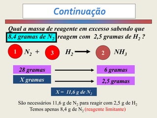 Qual a massa de reagente em excesso sabendo que
8,4 gramas de N2 reagem com 2,5 gramas de H2 ?
N2 + H2 NH3
1 3 2
28 gramas 6 gramas
X gramas 2,5 gramas
X = 11,6 g de N2
São necessários 11,6 g de N2 para reagir com 2,5 g de H2
Temos apenas 8,4 g de N2 (reagente limitante)
 