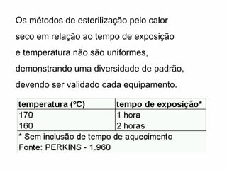 Os métodos de esterilização pelo calor seco em relação ao tempo de exposição  e temperatura não são uniformes,  demonstrando uma diversidade de padrão,  devendo ser validado cada equipamento.  