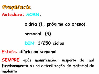 Autoclave:  AORN : diária (1, próximo ao dreno) semanal  (9) DIN : 1/250 ciclos Estufa:   diária ou semanal SEMPRE   após manutenção, suspeita de mal funcionamento ou na esterilização de material de implante Freqüência 